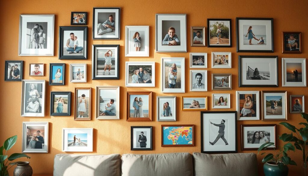 Gallery wall featuring family photos and artwork