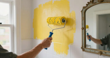 Their DIY Wall Mural Saved This Yellow and Stained Guest Bathroom