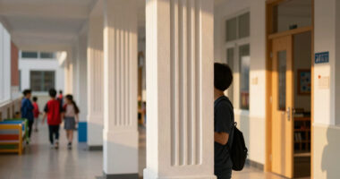 vertical white pillars compose rhythmic facade enfolding primary school in italy