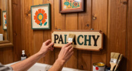A Basically All-Wood Paneled '70s Bathroom Got an Americana Folk Makeover