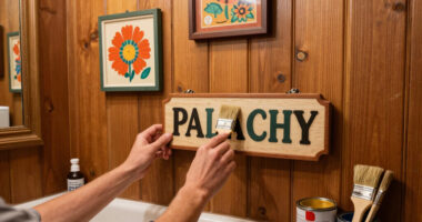 A Basically All-Wood Paneled '70s Bathroom Got an Americana Folk Makeover