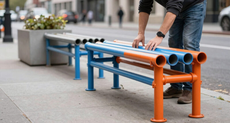 scaffolding pipes turn into street furniture activating a future development site in osaka