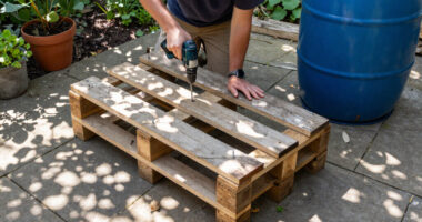 Man Uses Old Wood Pallets To Build A Backyard Rain Barrel Stand With An Impressive DIY